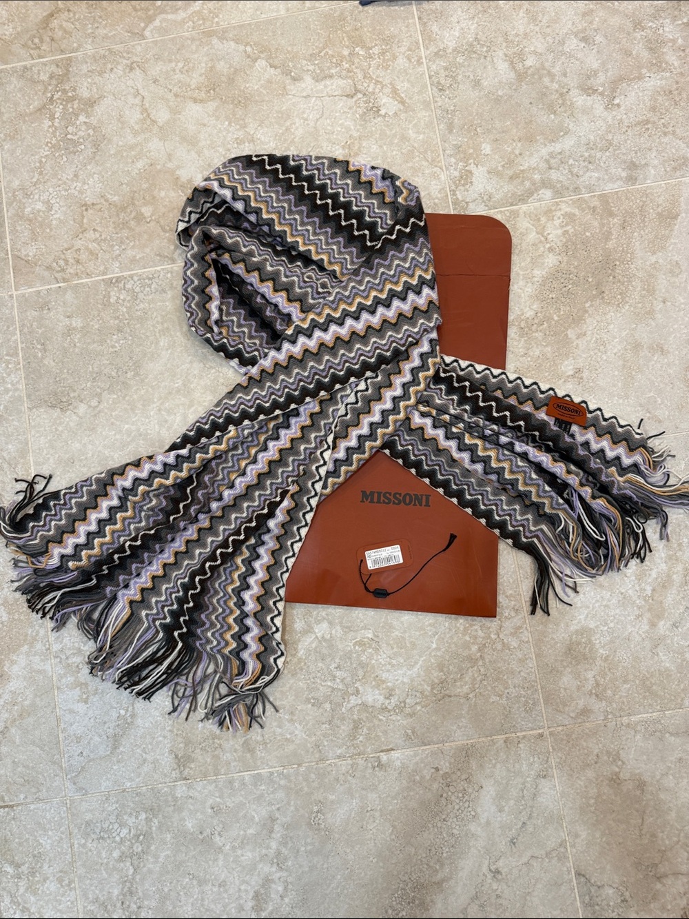 Authentic Missoni Zigzag Knit Scarf in Black, Gray, Brown, Gold & Purple